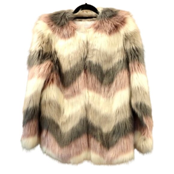 DONNA SALYERS FABULOUS FURS~Tibby Collarless~ FAUX FUR COAT~CHEVRON MULTI SZ SM - Picture 1 of 5